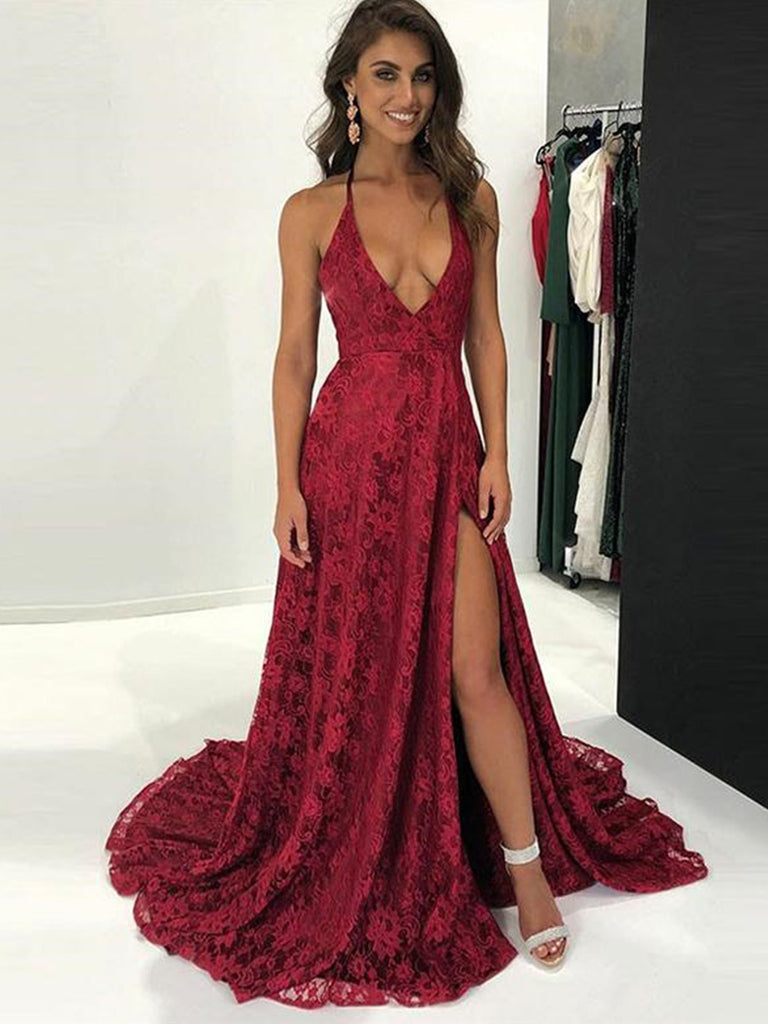 A Line V Neck Burgundy Backless Lace Prom Dresses, Backless Burgundy L – jbydress