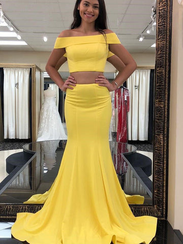 2 Pieces Off Shoulder Mermaid Yellow Prom Dresses, 2 Pieces Yellow Mermaid Formal Graduation Evening Dresses