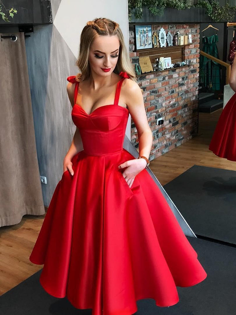 Red Sweetheart Neck Tea Length Prom Gown with Pocket, Red Tea Length Formal Dresses, Red Evening Dresses