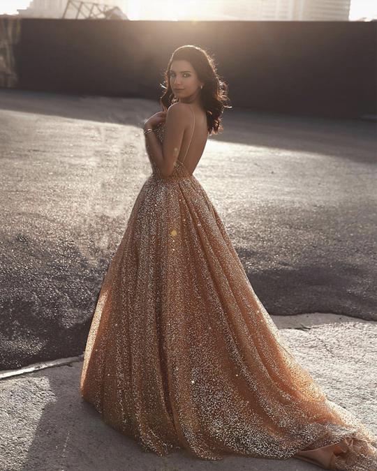 Sweetheart Neck Spaghetti Straps Gold Sequins Prom Dresses, Golden For jbydress Sweetheart Neck Spaghetti Straps Gold Sequins Prom Dresses, Golden For jbydress