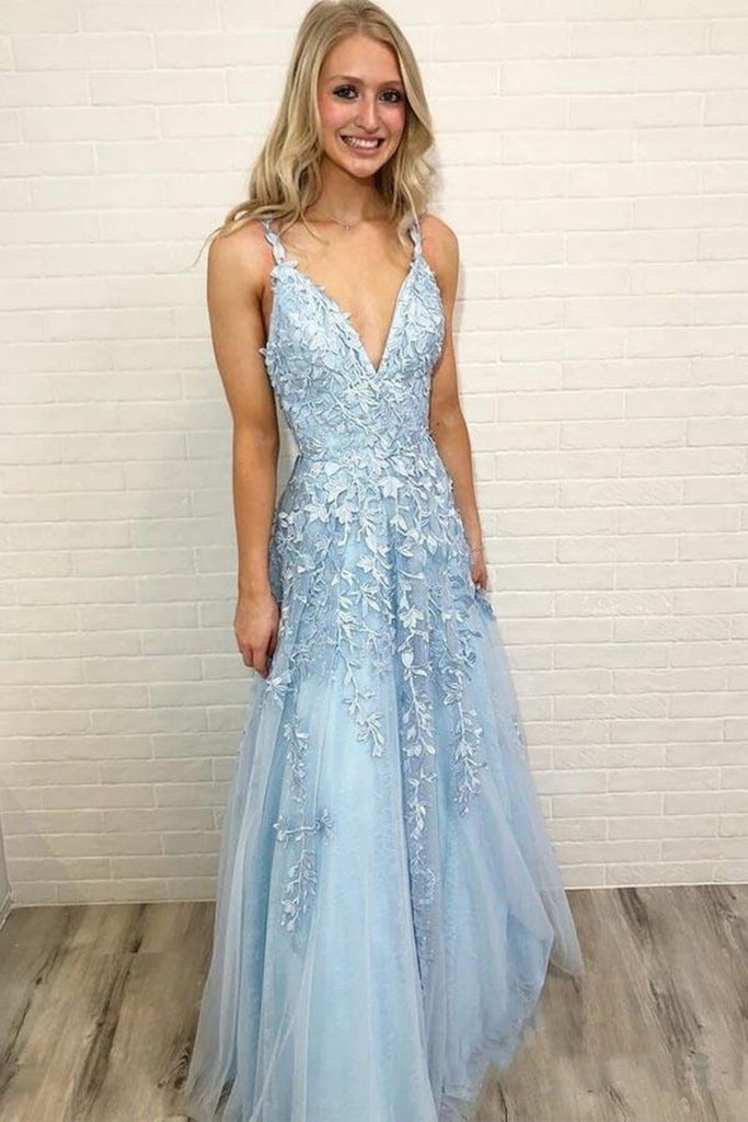 A Line V Neck Light Blue Lace Prom Dresses, Light Blue V Neck Lace For jbydress A Line V Neck Light Blue Lace Prom Dresses, Light Blue V Neck Lace For jbydress