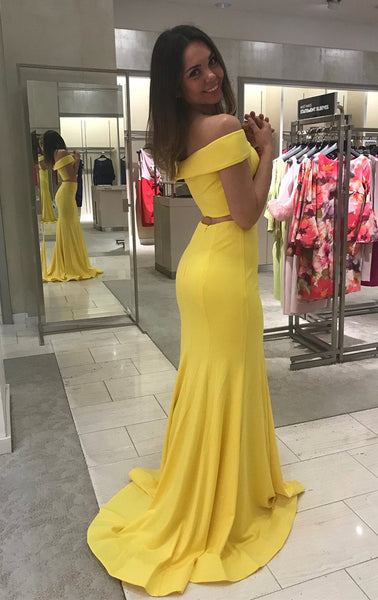 2 Pieces Off Shoulder Mermaid Yellow Prom Dresses, 2 Pieces Yellow Mermaid Formal Graduation Evening Dresses