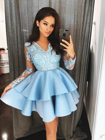 Long Sleeves Short Blue Lace Prom Dresses, Short Blue Lace Homecoming Graduation Formal Dresses