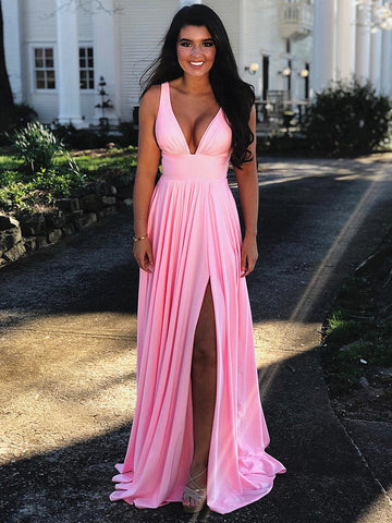 A Line V Neck Pink Long Prom Dress with Leg Slit, Pink V Neck Formal Graduation Evening Dresses