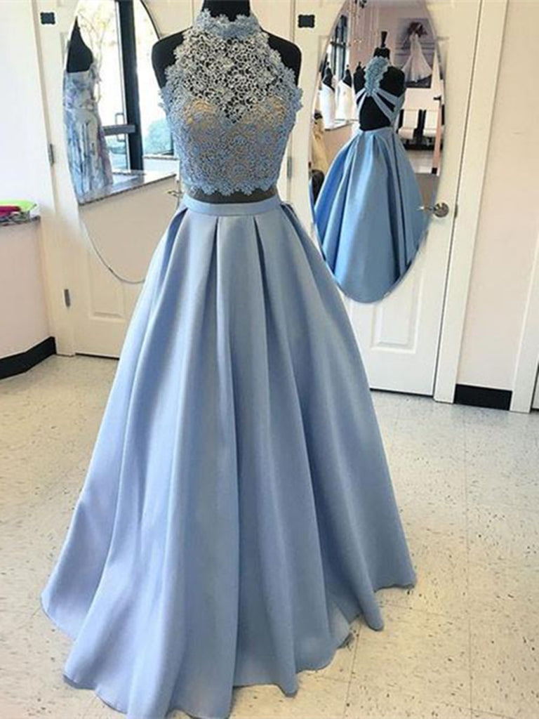 Custom Made A Line High Neck 2 Pieces Blue Lace Prom Dresses, 2 Pieces jbydress Custom Made A Line High Neck 2 Pieces Blue Lace Prom Dresses, 2 Pieces jbydress