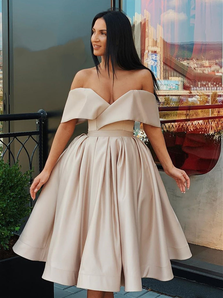 Off Shoulder Short Champagne Prom Dresses, Short Champagne Formal Home – jbydress