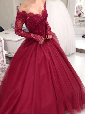Custom Made Sweetheart Neck Long Sleeves Burgundy Lace Prom Dress, Burgundy Lace Formal Dress