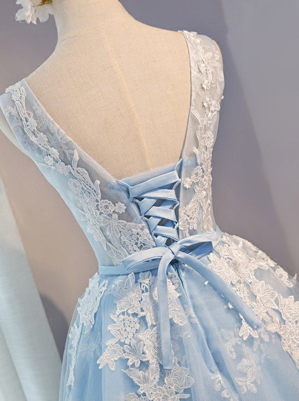 A Line Round Neck Short Blue Prom Dress with White Lace, Lace Formal D jbydress A Line Round Neck Short Blue Prom Dress with White Lace, Lace Formal D jbydress