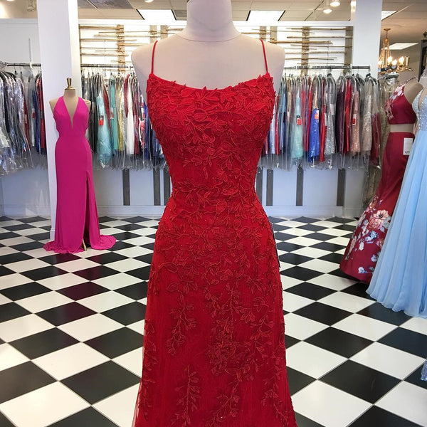 Red Backless Mermaid Lace Prom Dresses, Red Backless Lace Formal Graduation Evening Dresses
