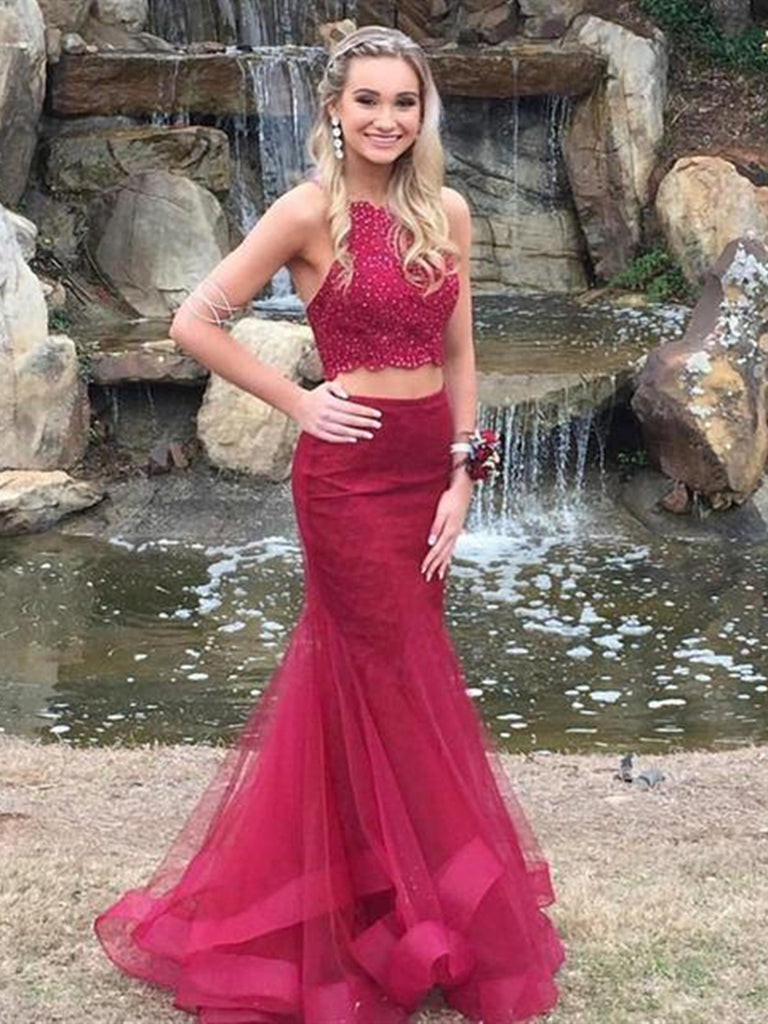 Burgundy Pieces Lace Mermaid Prom Dresses, Burgundy Pieces