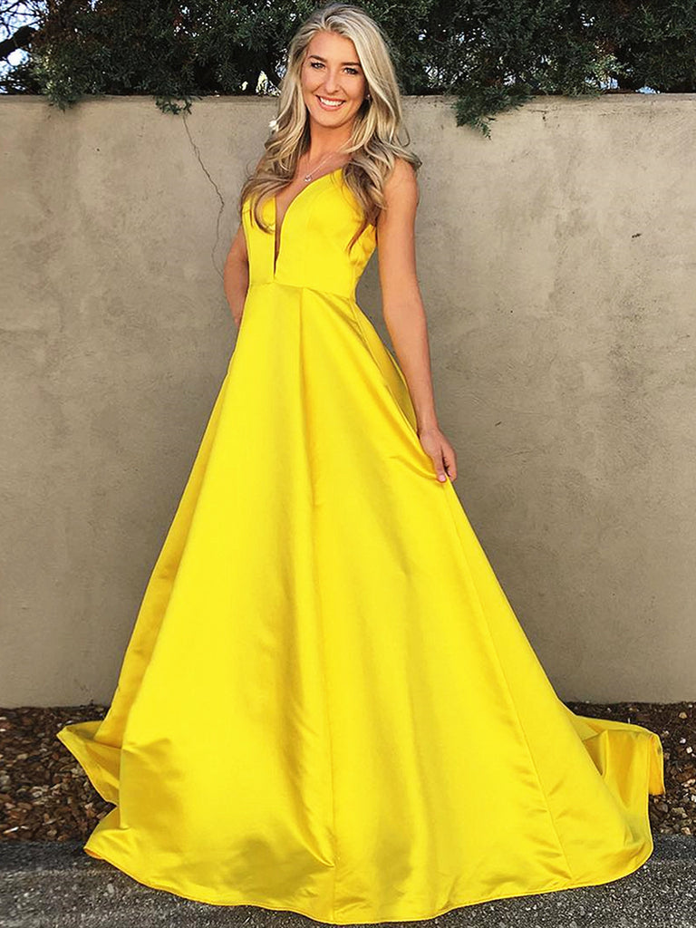 Simple V Neck Floor Length Yellow Prom Dresses, Yellow V Neck Formal G jbydress Simple V Neck Floor Length Yellow Prom Dresses, Yellow V Neck Formal G jbydress