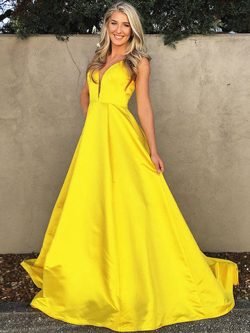 Simple V Neck Floor Length Yellow Prom Dresses, Yellow V Neck Formal Graduation Evening Dresses