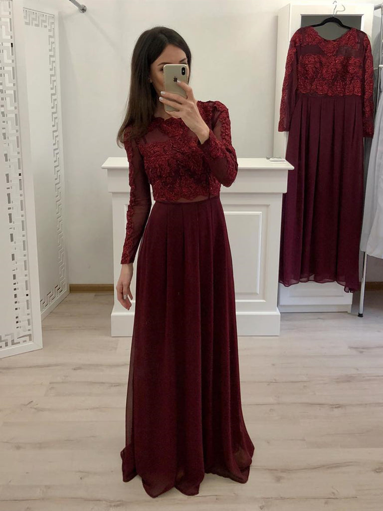 Round Neck Long Sleeves Burgundy Lace Prom Dresses, Long Sleeves