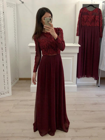 Round Neck Long Sleeves Burgundy Lace Prom Dresses, Long Sleeves Burgundy Lace Formal Evening Dresses