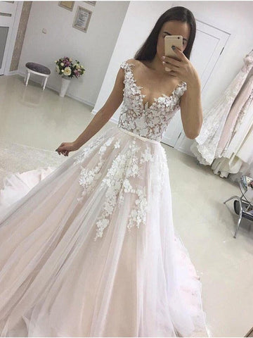 Round Neck Cap Sleeves Lace Wedding Dresses, See Through White Lace Prom Dresses, Evening Formal Dresses