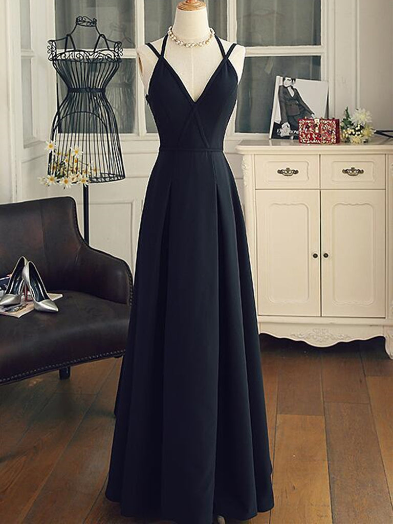 A Line V Neck Black Long Prom Dresses with Corss Back, Black Long Form
