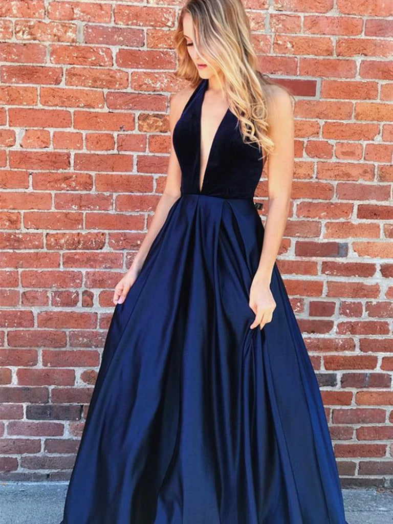 A Line V Neck Navy Blue Backless Prom Dresses, Navy Blue Backless Form