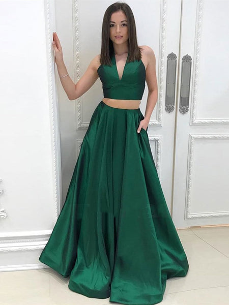 A Line Halter Neck 2 Pieces Green Prom Dresses with Pocket, 2 Pieces Green V Neck Formal Evening Dresses