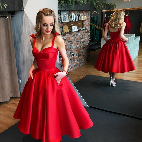 Red Sweetheart Neck Tea Length Prom Gown with Pocket, Red Tea Length Formal Dresses, Red Evening Dresses