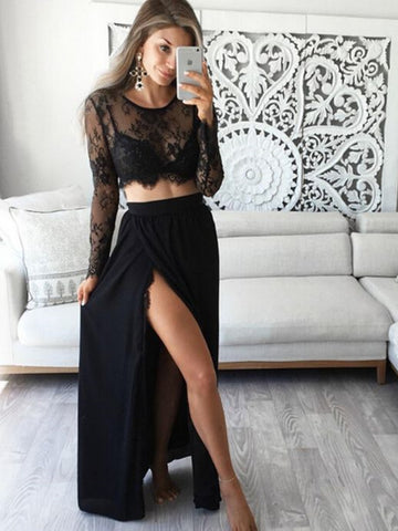 A Line Round Neck Long Sleeves Black Lace Prom Dresses, Long Sleeves Lace Formal Dresses, Black Lace Graduation Dresses