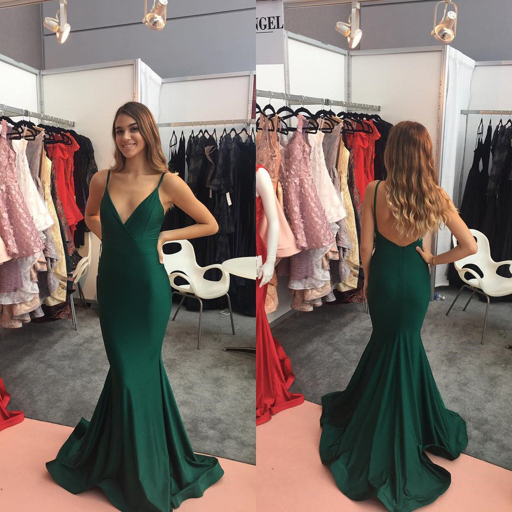 emerald green mermaid dress Emerald Green Mermaid Prom Dresses Spaghetti Straps, Backless Green Ev – jbydress