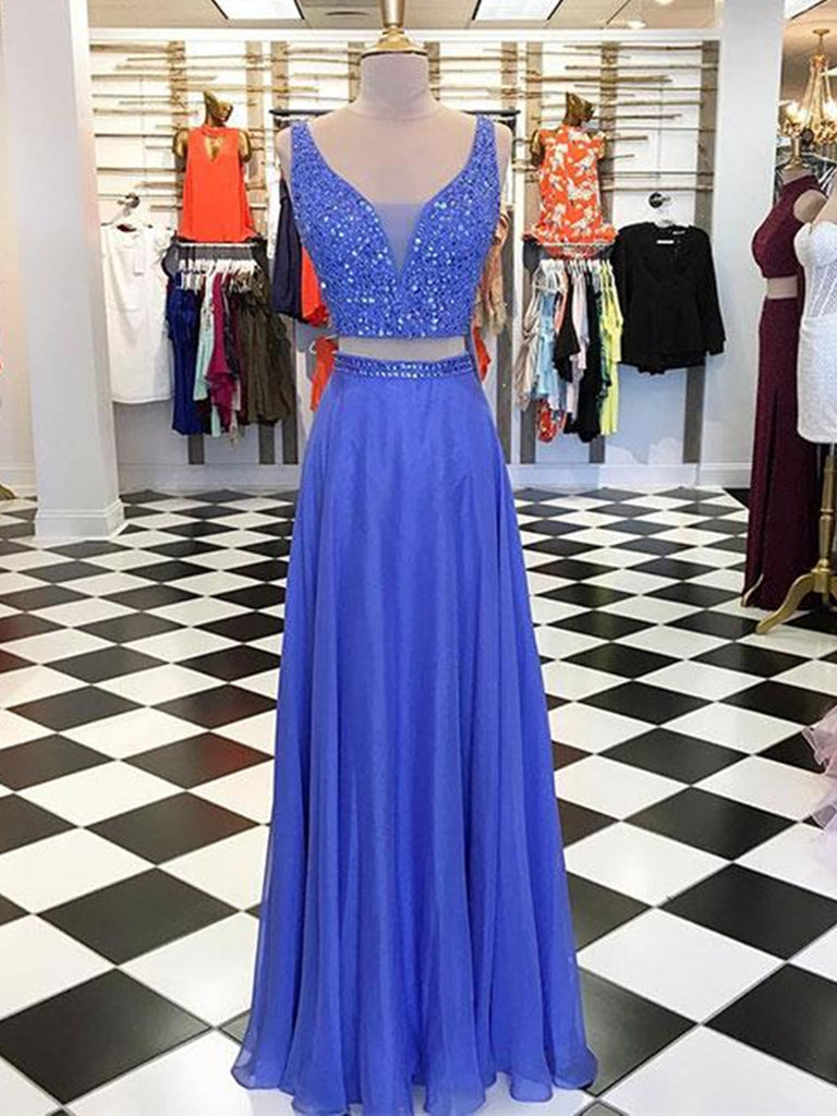A Line 2 Pieces Blue Beaded Prom Dresses, 2 Pieces Blue Formal Graduat jbydress A Line 2 Pieces Blue Beaded Prom Dresses, 2 Pieces Blue Formal Graduat jbydress