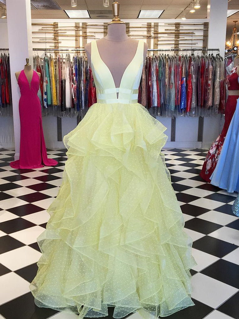 A Line V Neck Yellow Prom Gown, Yellow V Neck Prom Dresses, Formal Graduation Evening Dresses
