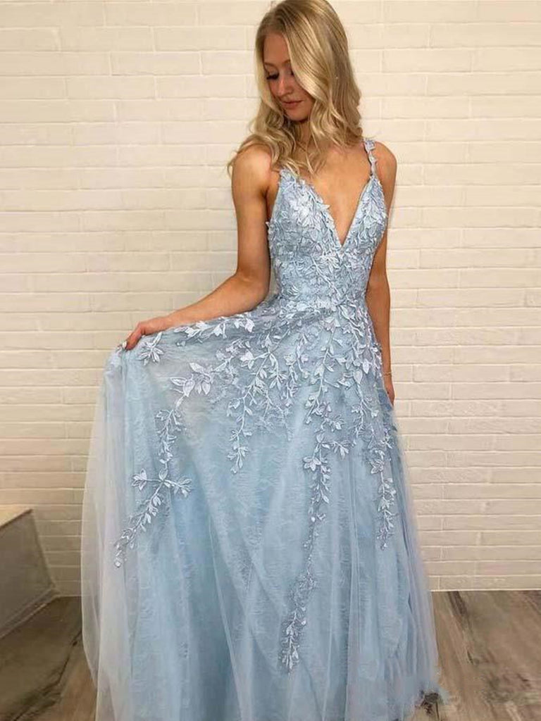 A Line V Neck Light Blue Lace Prom Dresses, Light Blue V Neck Lace For jbydress A Line V Neck Light Blue Lace Prom Dresses, Light Blue V Neck Lace For jbydress
