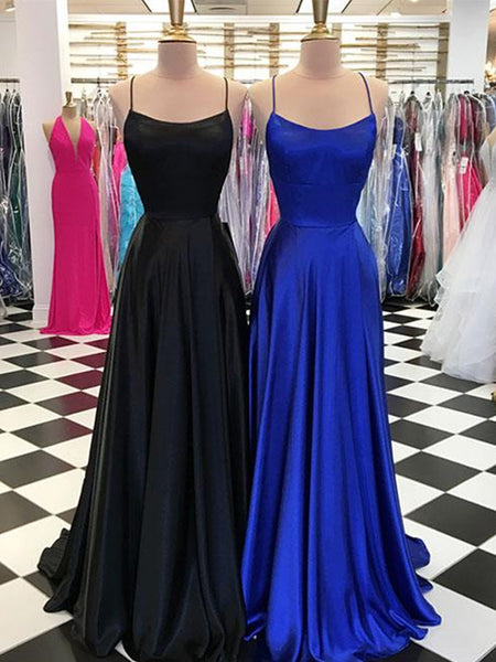 A Line Backless Royal Blue/Black Prom Dresses, Backless Graduation Dresses, Royal Blue Formal Evening Dresses