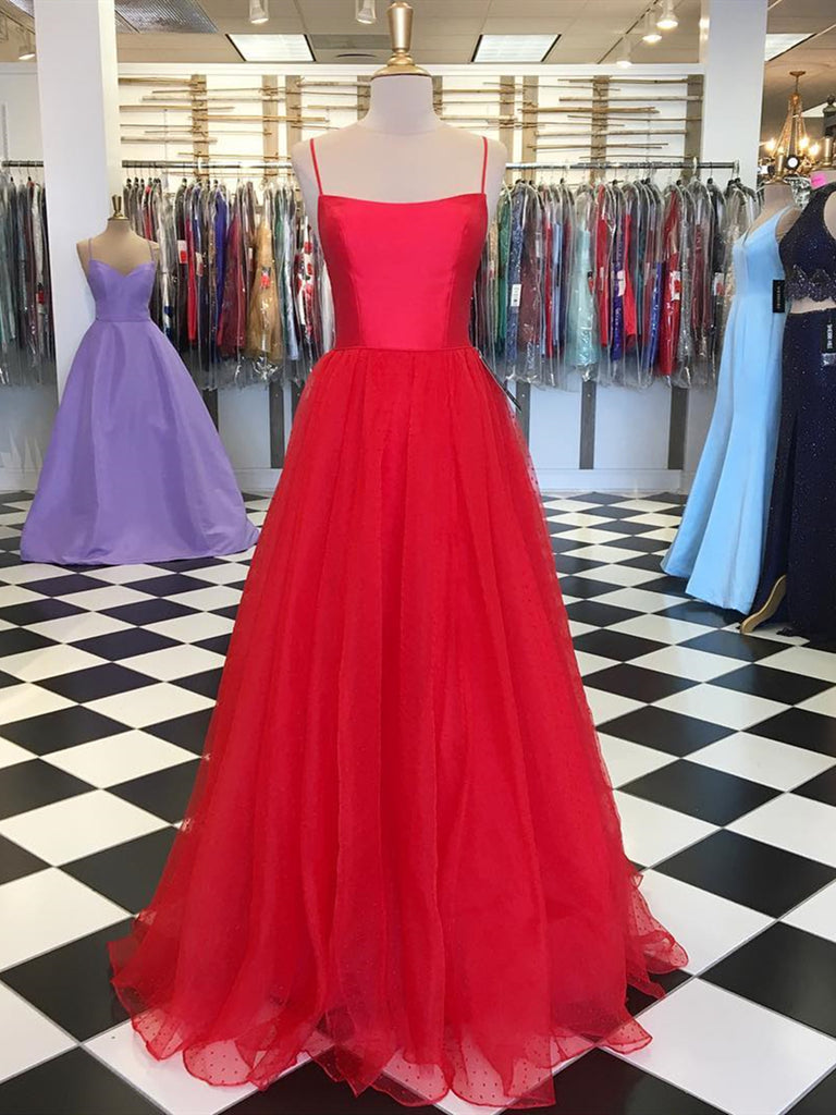 Custom Made A Line Red Long Tulle Prom Dresses, Red Long Tulle Formal Evening Dresses