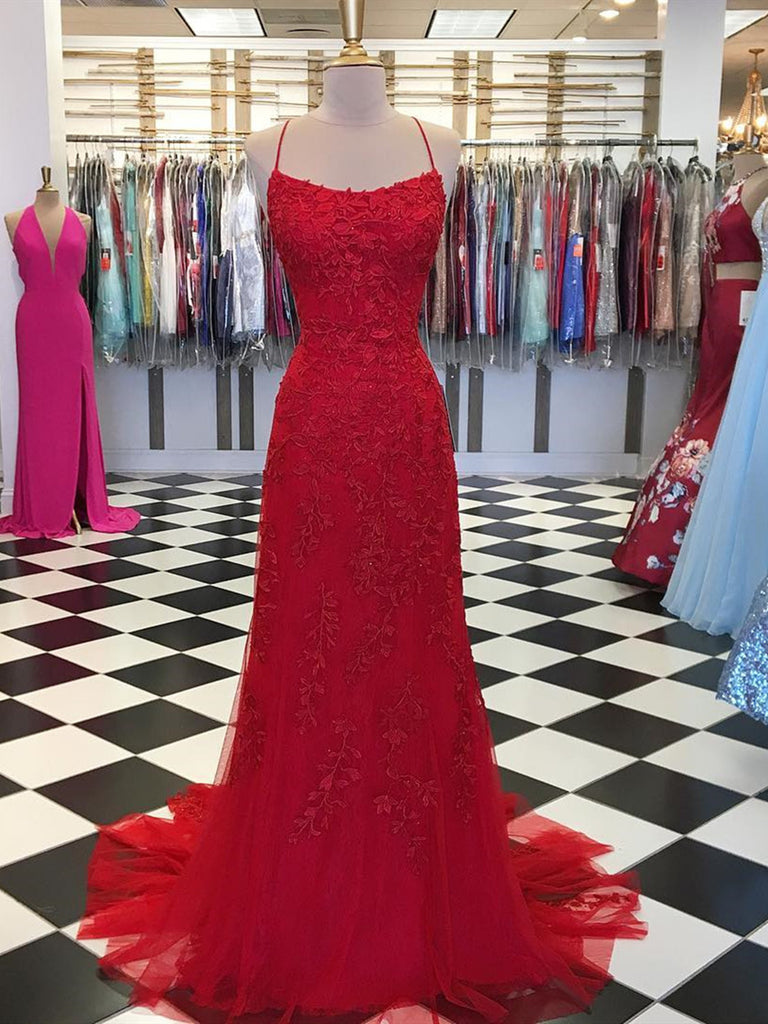 red lace prom dress mermaid Lace-Up Strapless Long Prom Dress: La Femme 32872 Red / 00