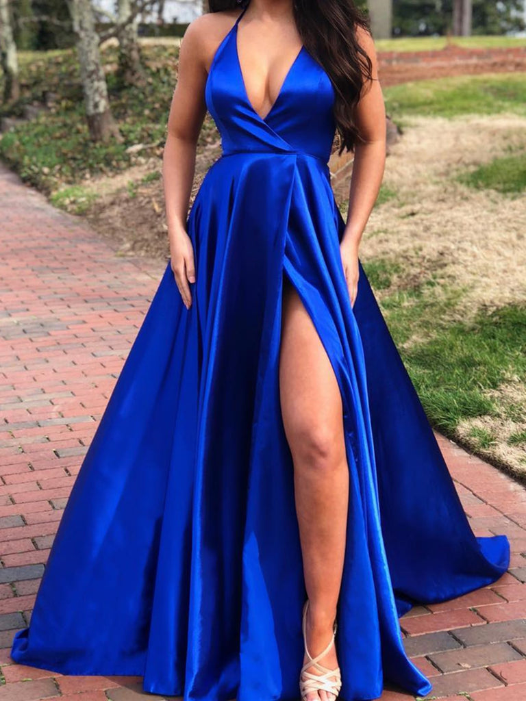 A Line V Neck Yellow/Royal Blue Prom Dress with High Leg Slit
