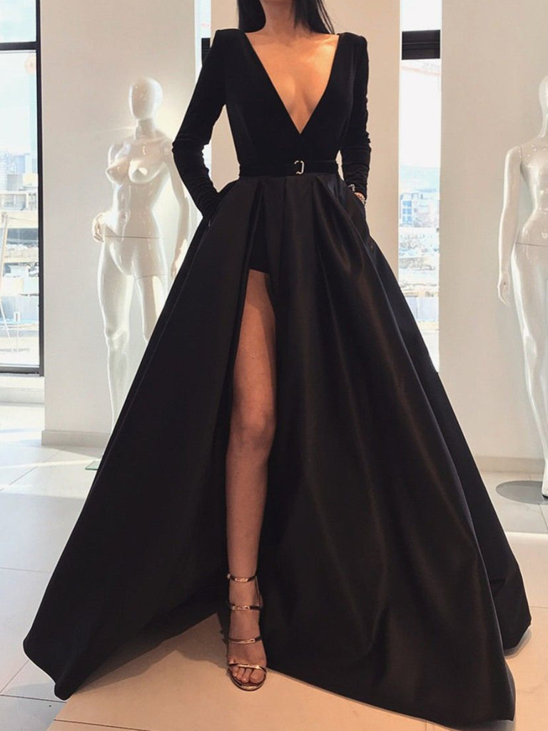 Custom Made A Line Deep V Neck Black Long Sleeves Prom Dresses With Leg Slit, Black V Neck Long Sleeves Formal Evening Dresses