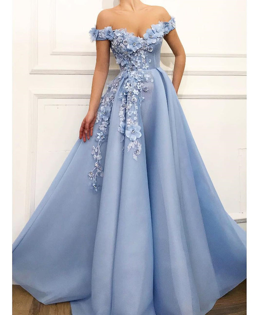 Off Shoulder Blue Lace Prom Dresses Long, Blue Floral Off the Shoulder jbydress Off Shoulder Blue Lace Prom Dresses Long, Blue Floral Off the Shoulder jbydress