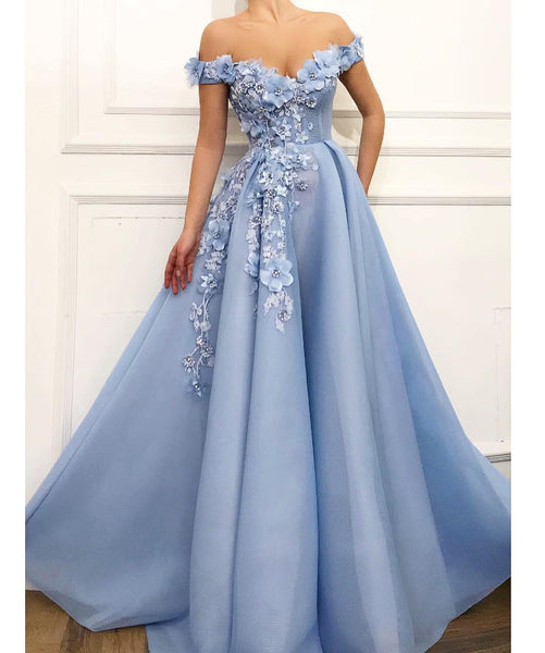 Off Shoulder Blue Lace Prom Dresses Long, Blue Floral Off the Shoulder Formal Graduation Evening Dresses