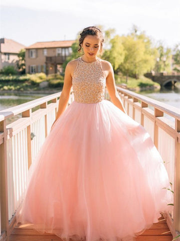 Custom Made Round Neck Pink Prom Dresses, Pink Formal Dresses, Pink Prom Gown