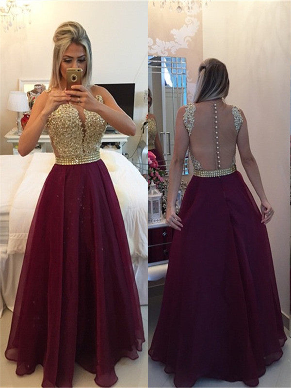 Round Neck Sleeveless Prom Dress with Golden Top and Burgundy Skirt, F jbydress Round Neck Sleeveless Prom Dress with Golden Top and Burgundy Skirt, F jbydress