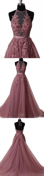 A Line Halter Neck Lace Prom Dress with Sweep Train,  Backless Formal Dress, Evening Dress