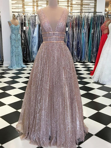 Deep V Neck Floor Length Prom Dress with Sequins, V Neck Formal Dresses, Graduation Dress with Sequins
