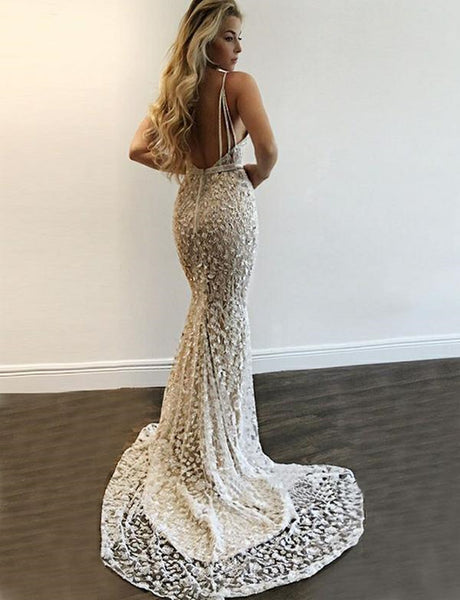 Sexy Trumpet/Mermaid Spaghetti Straps Long Prom Dress, Silver Mermaid Formal/Graduation Dresses