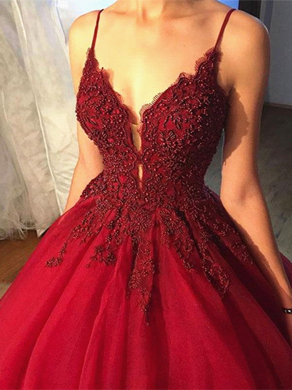 Beaded V Neck Burgundy Prom Dress with Lace Flowers, Burgundy
