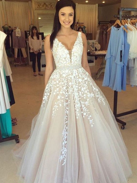 Elegant A Line V Neck Lace Wedding Dresses, Lace Prom Dresses, Formal Dresses