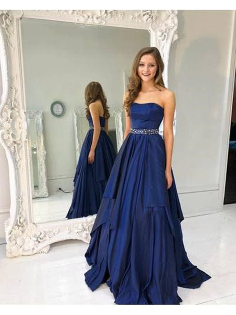 A Line Strapless Blue Prom Dresses, Blue Prom Gown, A Line Blue Formal – jbydress