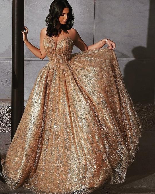 Sweetheart Neck Spaghetti Straps Gold Sequins Prom Dresses, Golden For jbydress Sweetheart Neck Spaghetti Straps Gold Sequins Prom Dresses, Golden For jbydress
