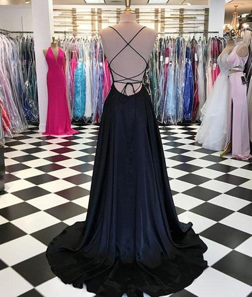 A Line Backless Royal Blue/Black Prom Dresses, Backless Graduation Dresses, Royal Blue Formal Evening Dresses