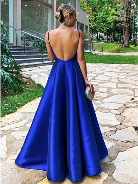 A Line V Neck Royal Blue Prom Dresses, Blue V Neck Formal Graduation Evening Dresses