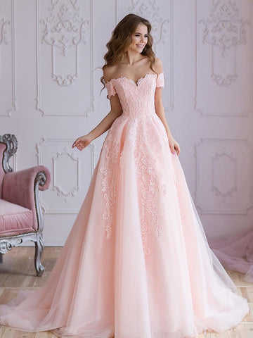 A Line Off Shoulder Pink Lace Prom Dresses, Pink Lace Wedding Dresses, Evening Dresses
