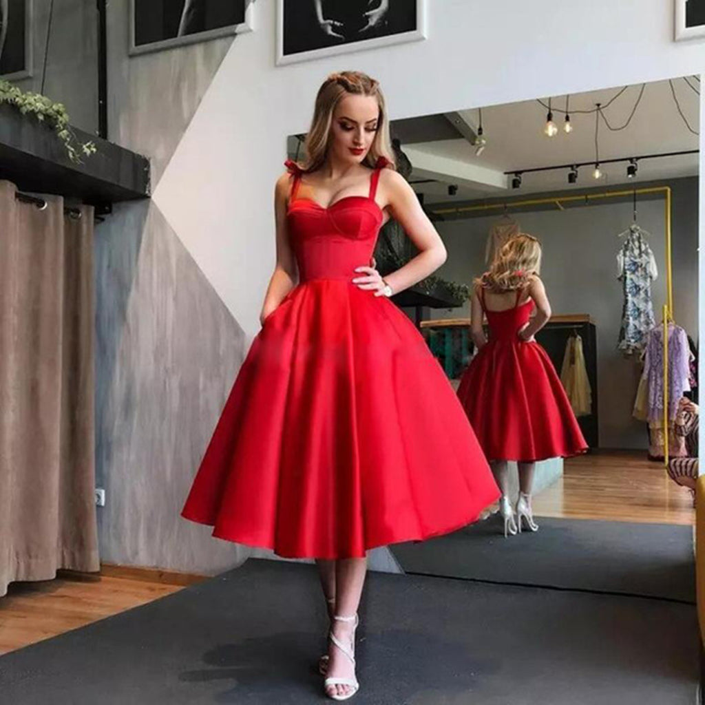 Red Sweetheart Neck Tea Length Prom Gown with Pocket, Red Tea Length F jbydress Red Sweetheart Neck Tea Length Prom Gown with Pocket, Red Tea Length F jbydress