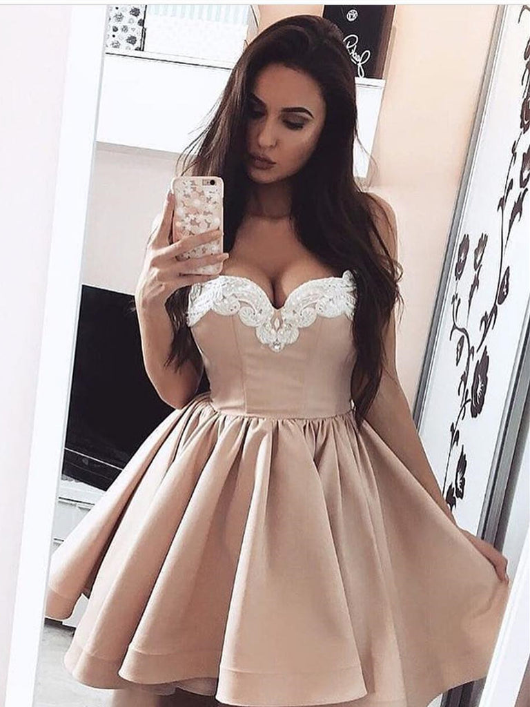 champagne prom dress Custom Made Short Champagne Prom Dresses with White Lace, Short Champa – jbydress