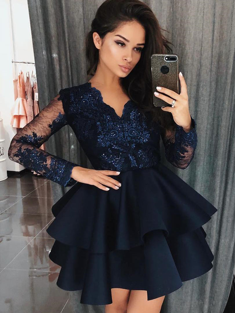 Long Sleeves Short Navy Blue Lace Prom Dresses, Short Navy Blue Lace Graduation Evening Dresses